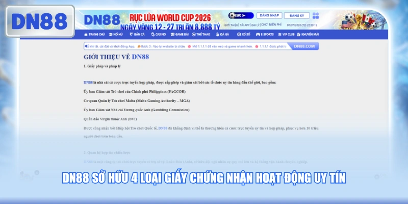 DN88 sở hữu 4 loại giấy chứng nhận hoạt động uy tín